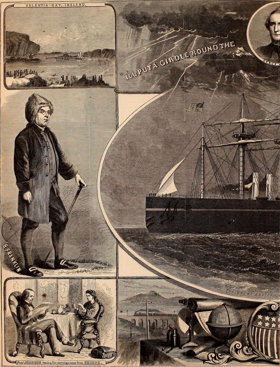 illustration of the steamship Great Eastern paying out telegraph cable at sea