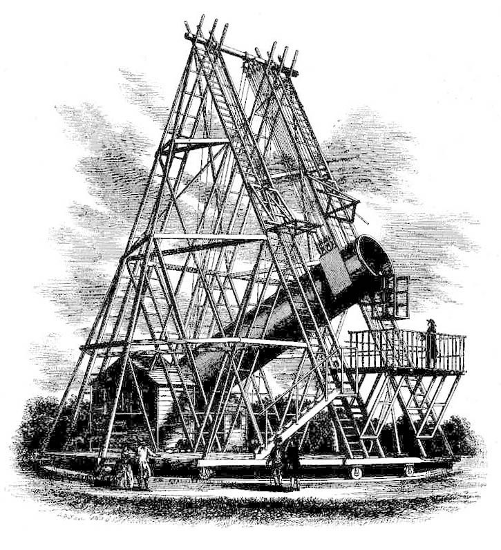 engraving of william herschel's 40-foot reflecting telescope at slough