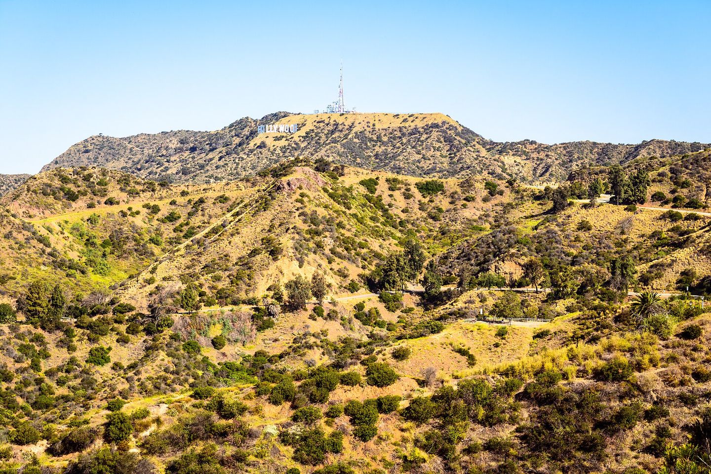 the hollywood sign on mount lee in the santa monica mountains above los angeles