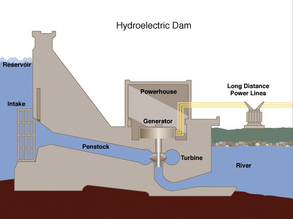 Diagram of a hydroelectric dam showing how water flow generates electricity