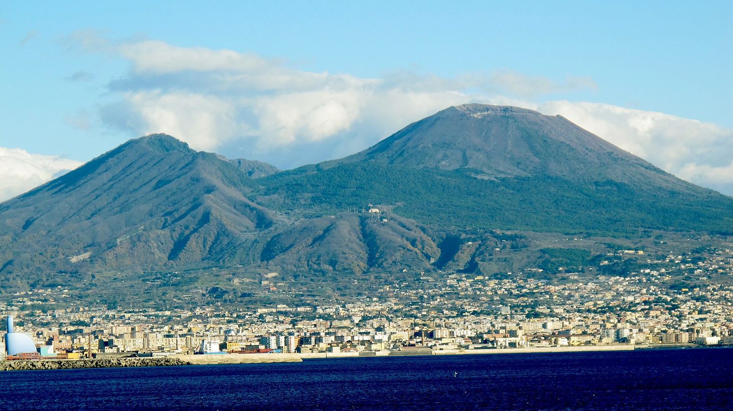 The crater of Mount Vesuvius, the volcano that buried Pompeii in 79 AD
