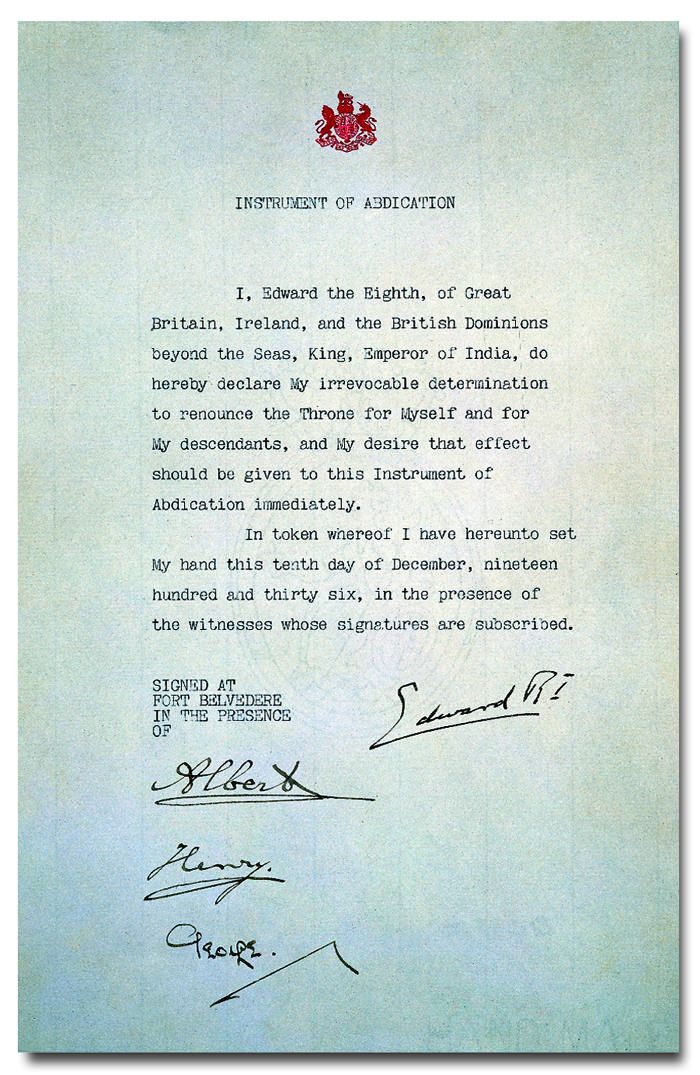 the signed instrument of abdication by which edward viii renounced the british throne on december 10, 1936