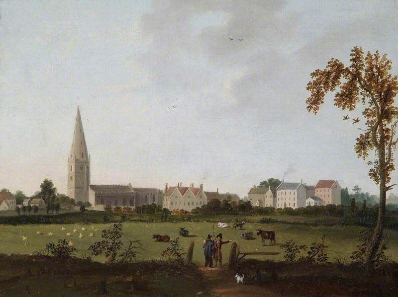 painting of olney church viewed across the fields from emberton, buckinghamshire