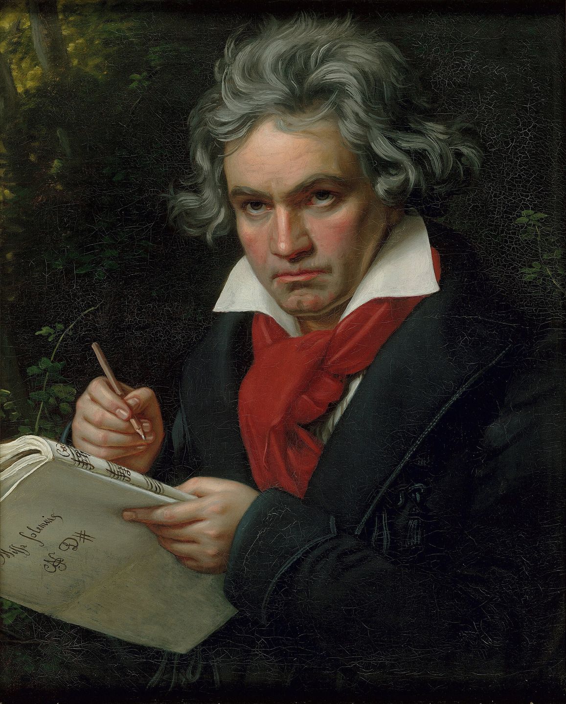 portrait of ludwig van beethoven holding the manuscript of his missa solemnis, painted by joseph karl stieler in 1820