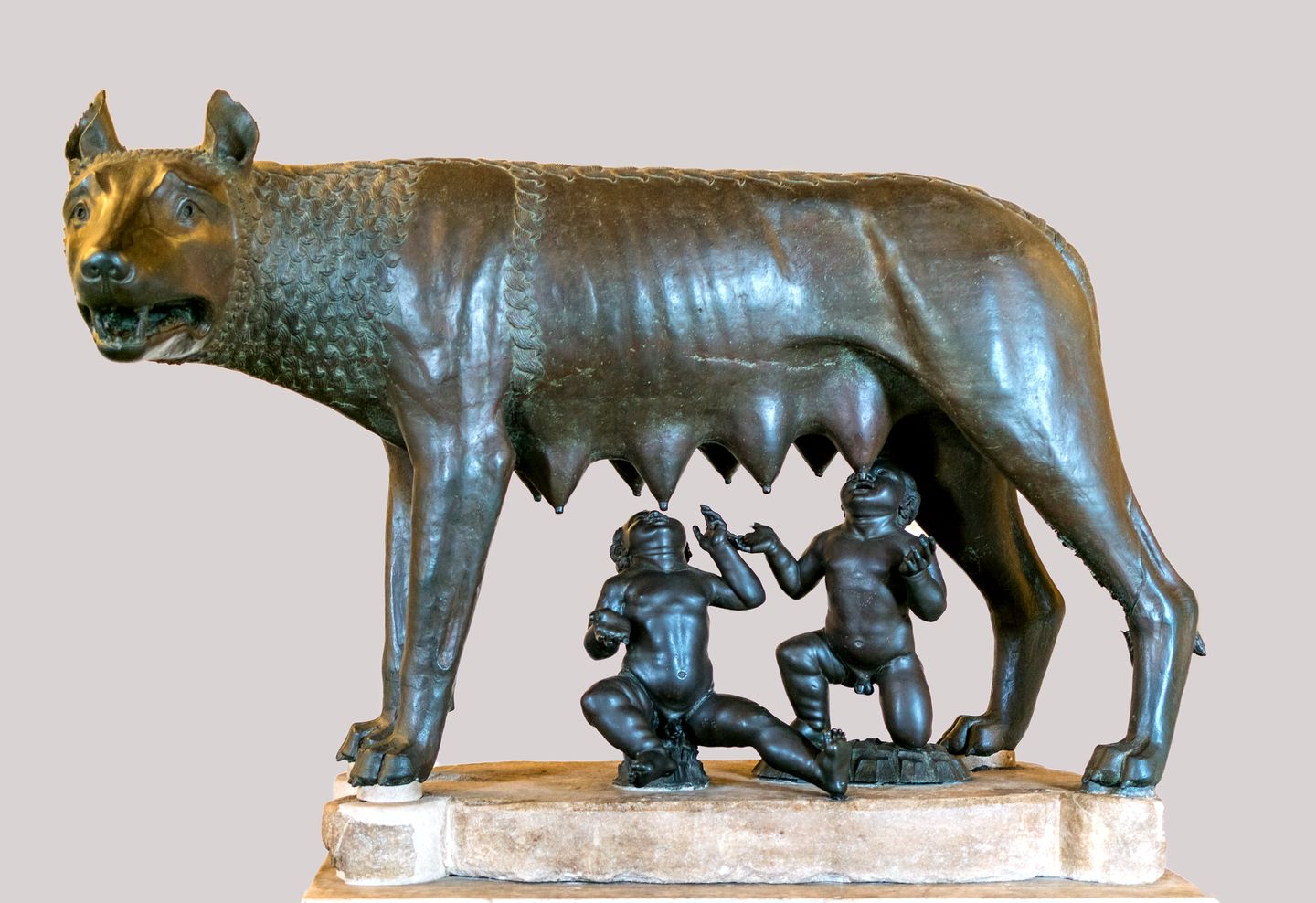 the capitoline wolf, the bronze sculpture showing the she-wolf nursing romulus and remus, founders of rome