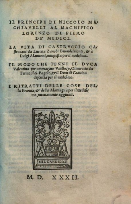 title page of the first printed edition of niccolò machiavelli's il principe, published in 1532