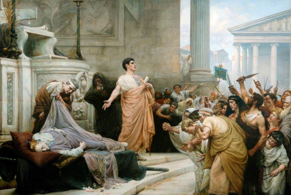 mark antony delivering his funeral oration over caesar's body, painting by george edward robertson