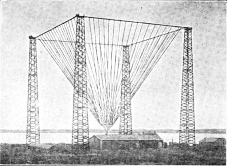 the poldhu wireless station antenna in cornwall, england, which transmitted the first transatlantic radio signal in 1901