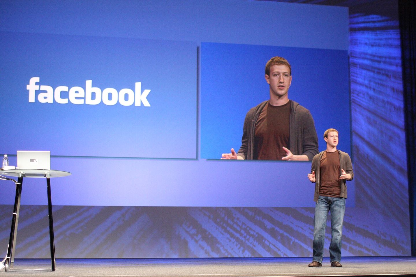 Mark Zuckerberg speaking at the Facebook f8 developer conference keynote
