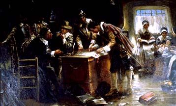 painting depicting the signing of the mayflower compact aboard the ship in 1620