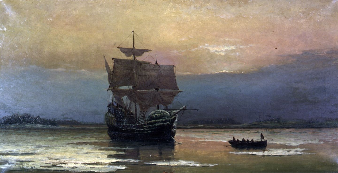 The Mayflower on her arrival in Plymouth Harbor