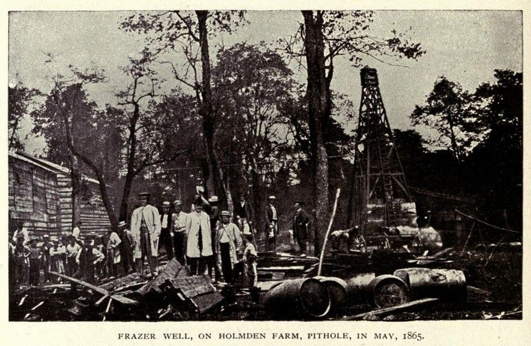 Wooden oil derricks crowding the Frazer Well site near Pithole, Pennsylvania, in 1865