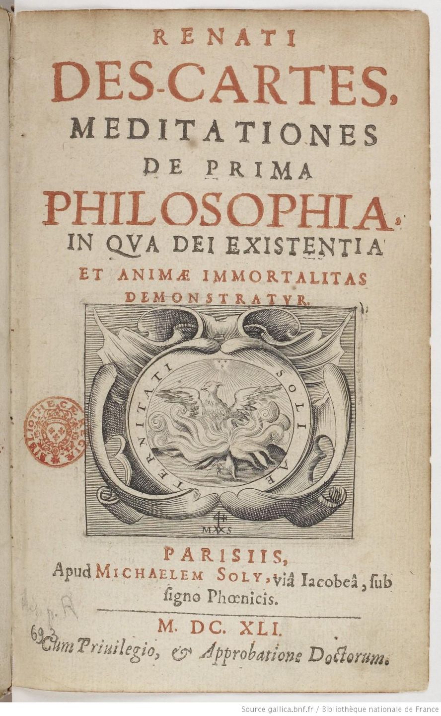 title page of descartes' meditations on first philosophy, first published in 1641