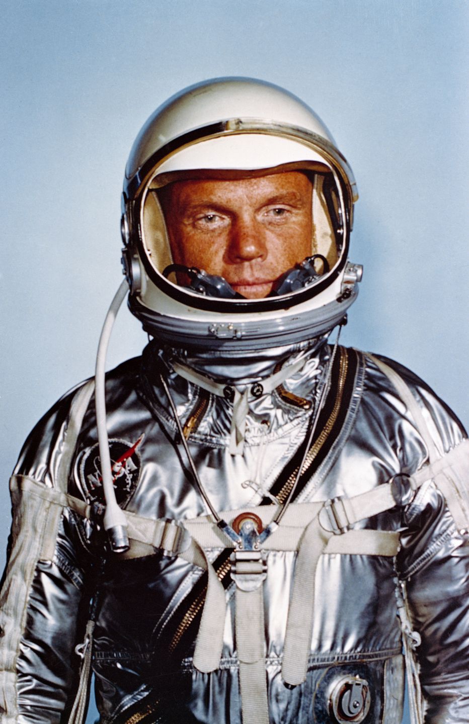Official NASA portrait of astronaut John H. Glenn Jr. in his Mercury spacesuit before the Friendship 7 mission