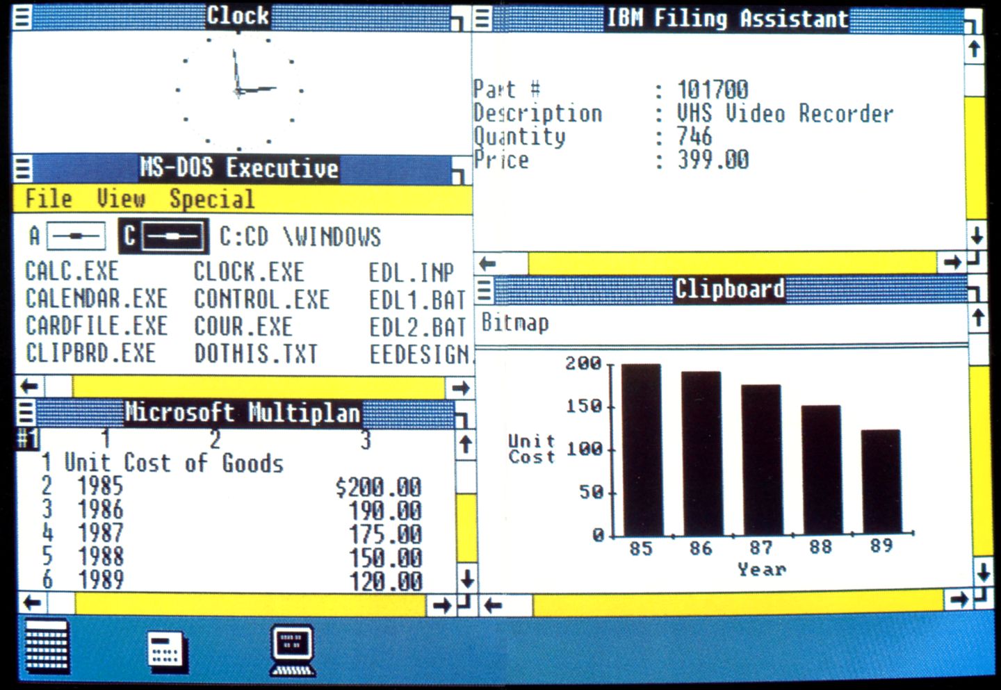 Windows 1.0 screenshot showing multiple windows