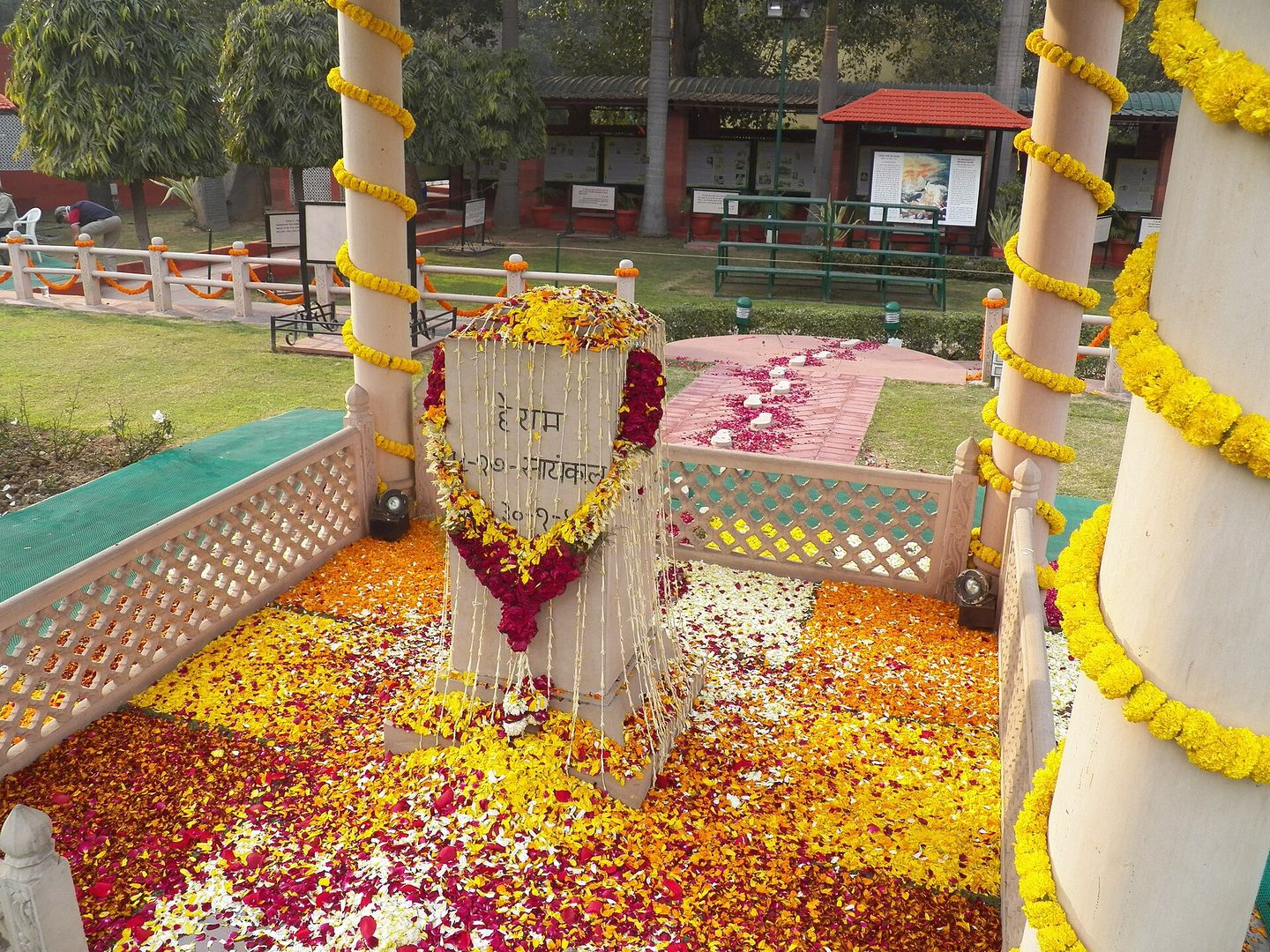 marble memorial marking the spot at birla house where gandhi was assassinated