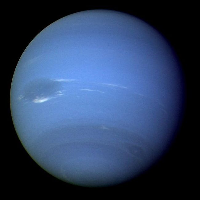 Photograph of Neptune taken by Voyager 2 in 1989, showing its vivid blue color and storm systems