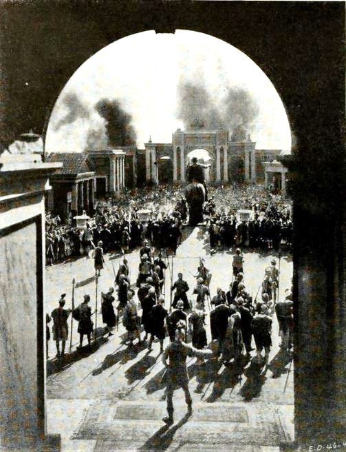 Scene from the 1922 film Nero showing Rome burning