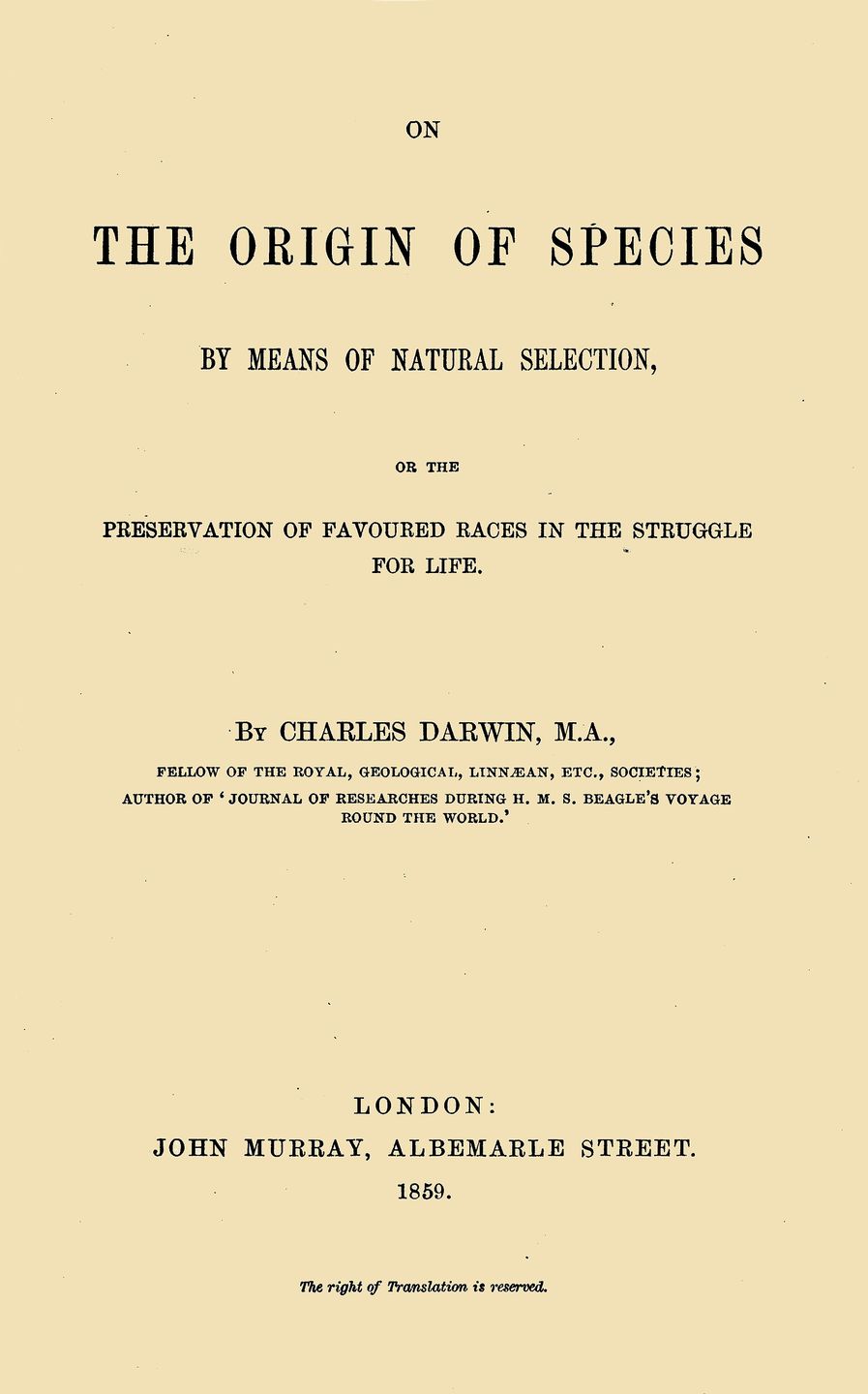 Title page of the first edition of On the Origin of Species, 1859