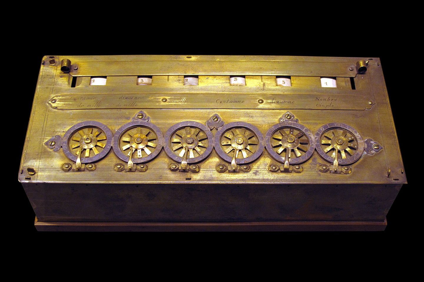 The Pascaline, Pascal's mechanical calculator invented around 1642, at the Conservatoire National des Arts et Métiers, Paris