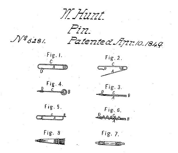 original patent drawing for walter hunt's safety pin, patent number 6281, 1849