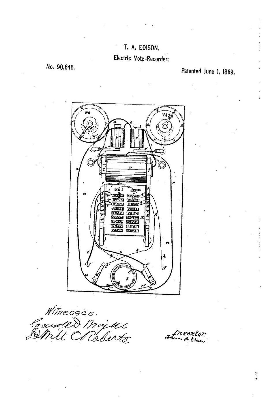 Edison's 1869 patent for the electric vote recorder