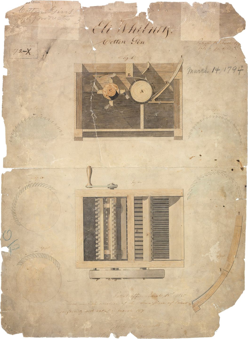 eli whitney's 1794 patent document for the cotton gin
