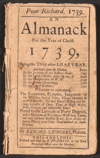 title page of poor richard's almanack for the year 1739