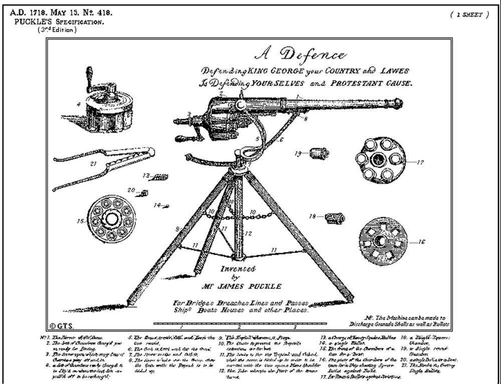 the original 1718 advertisement for james puckle's defence gun, showing the revolving cylinder weapon design and its specifications