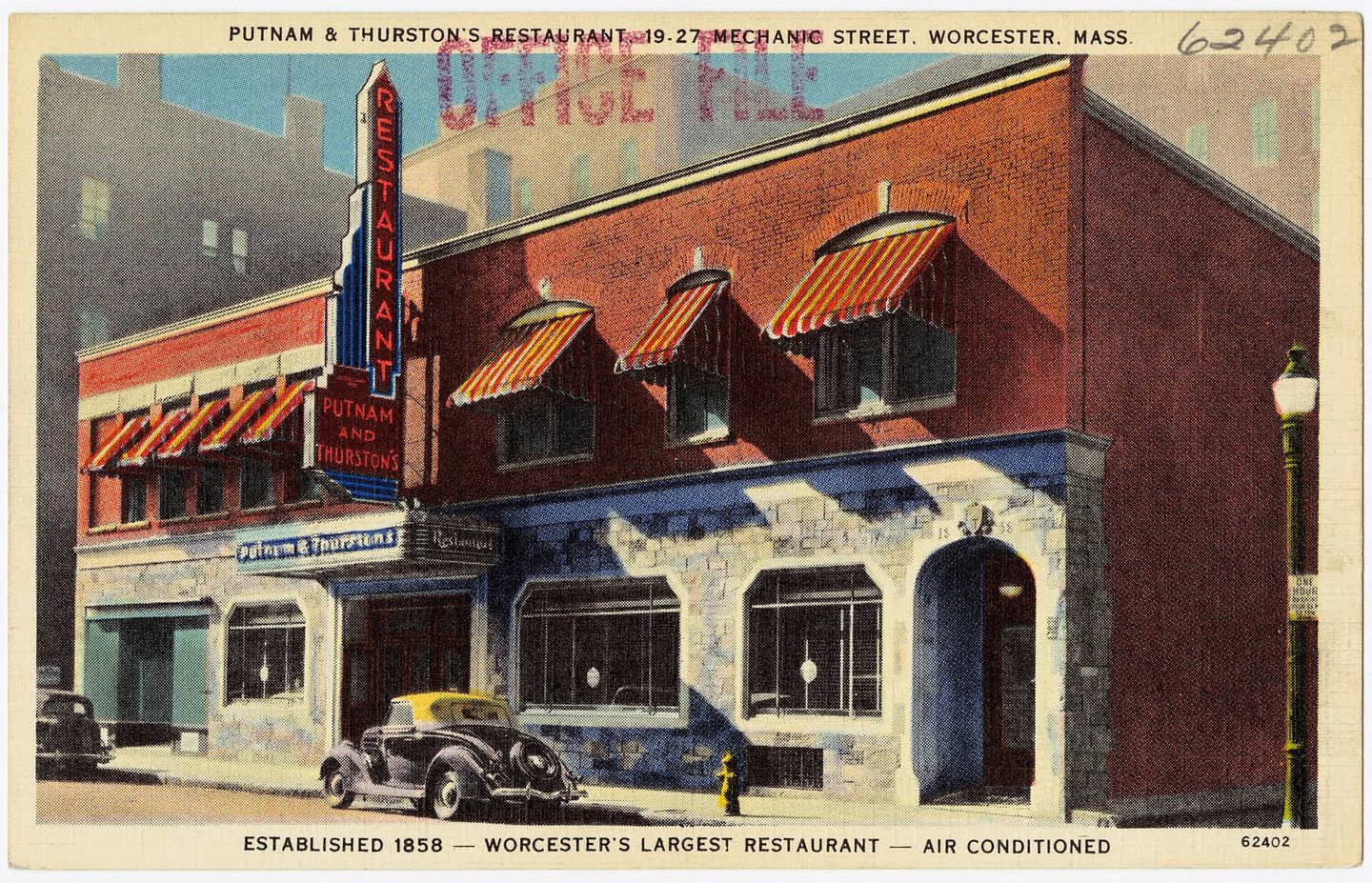 Vintage linen postcard of Putnam and Thurston's Restaurant in Worcester advertising air conditioning