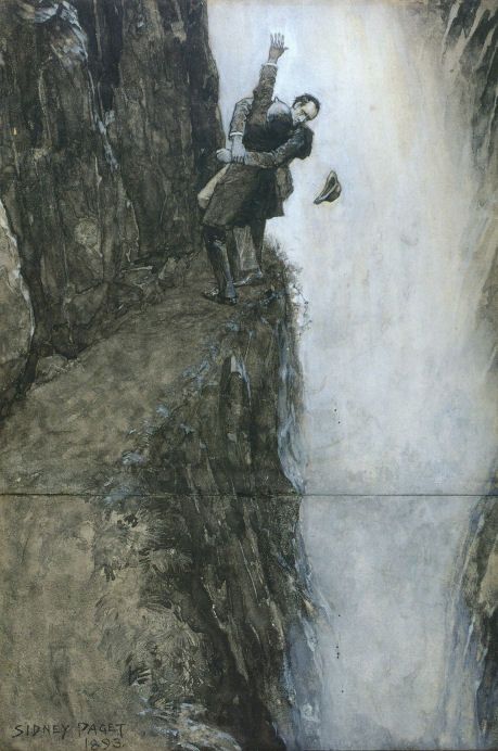 sidney paget illustration of sherlock holmes and professor moriarty struggling at the reichenbach falls