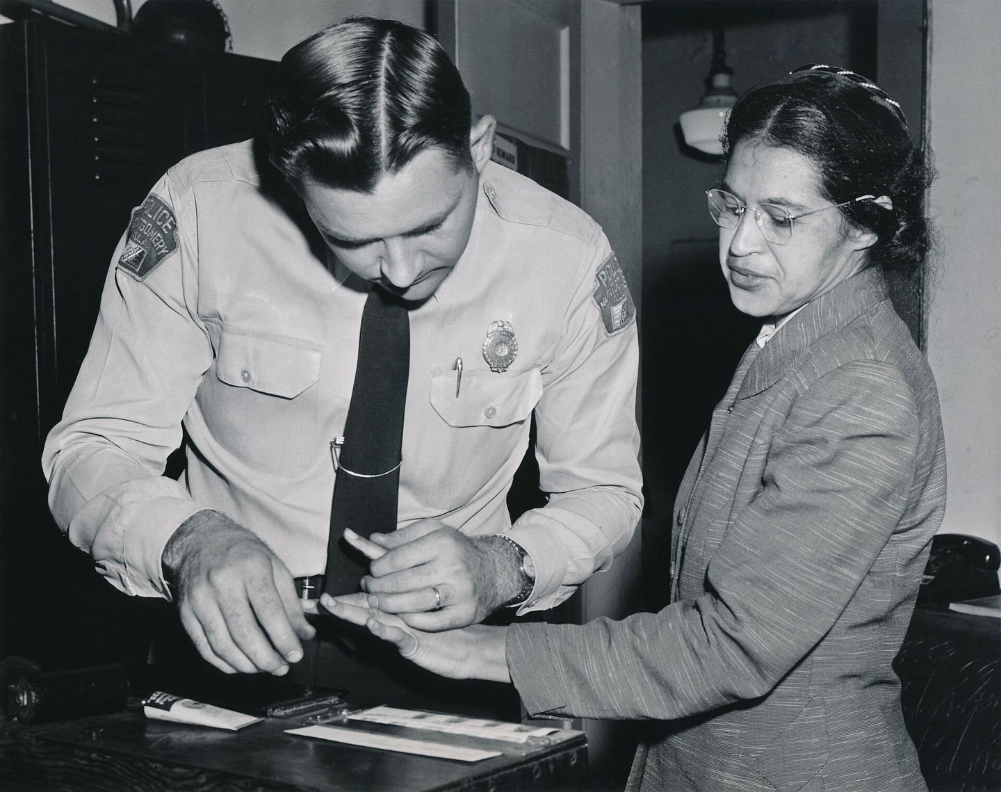 Rosa Parks being fingerprinted in Montgomery, 1956
