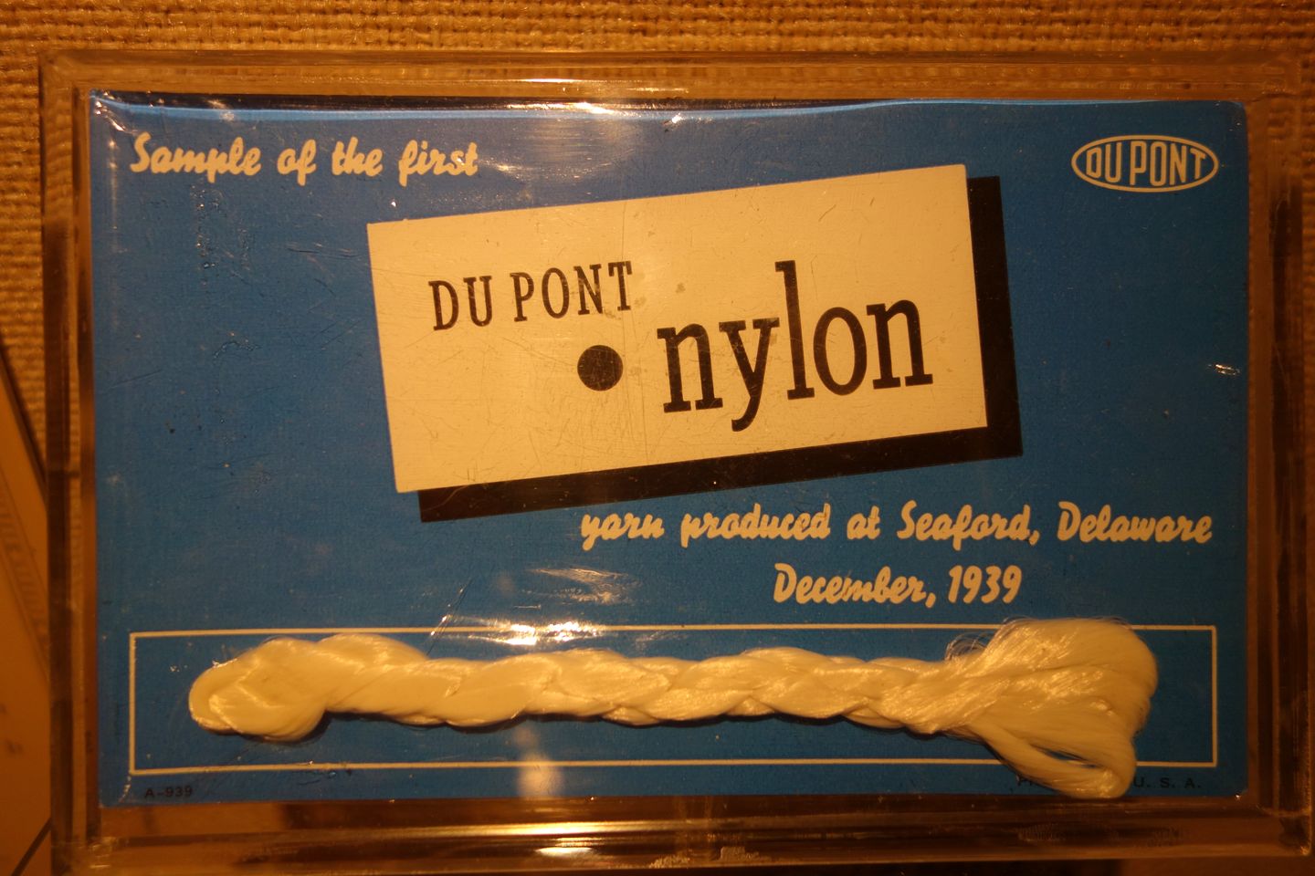 Sample of the first DuPont nylon produced in December 1939, displayed at the Heritage Exhibit at Longwood Gardens