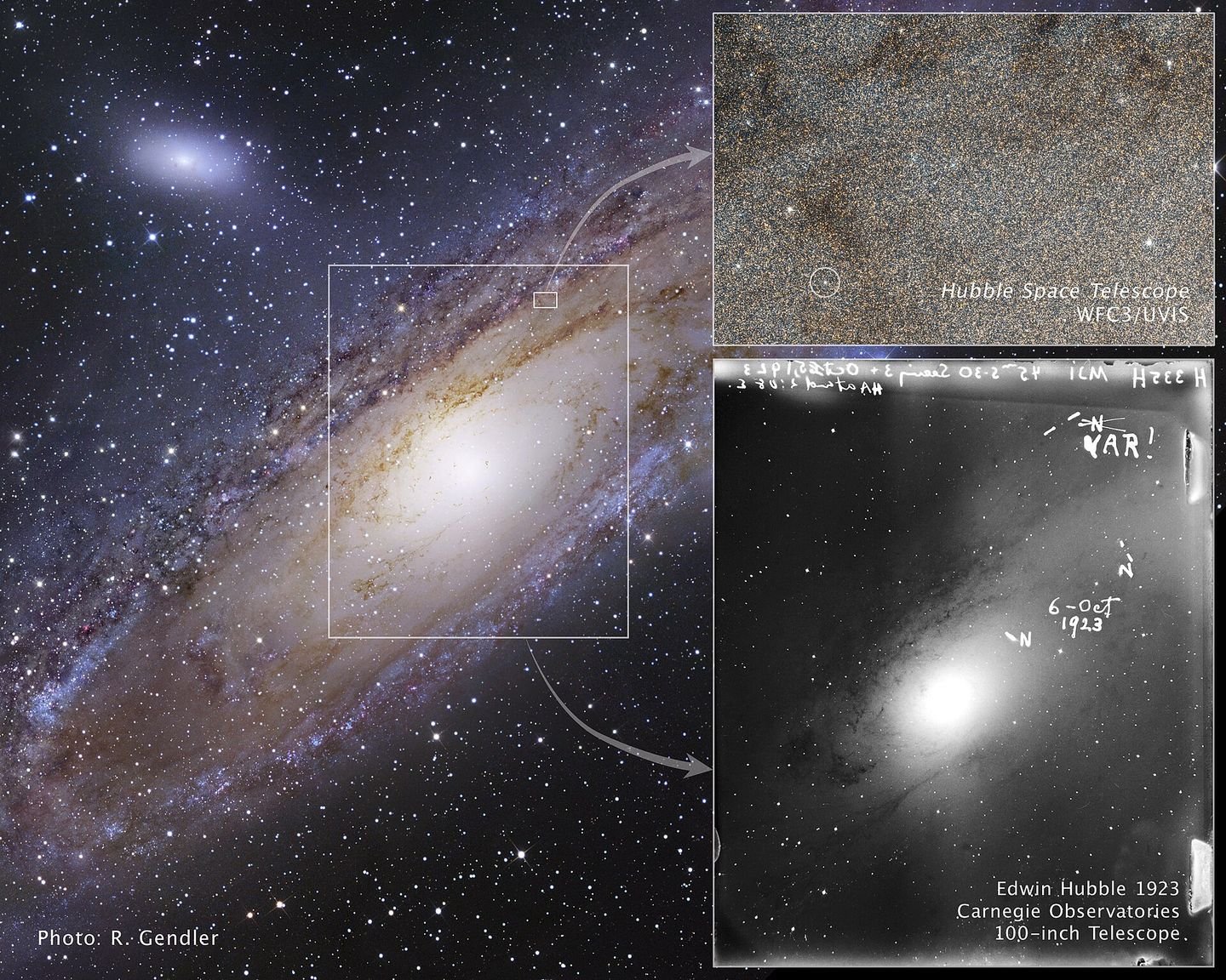 Hubble's 1923 photographic plate of the Andromeda Nebula marking the variable star