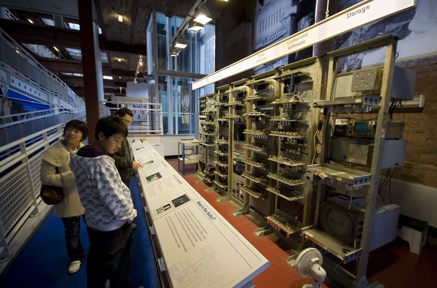 A full view of the rebuilt Manchester Baby (Small-Scale Experimental Machine) on display at the Museum of Science and Industry in Manchester