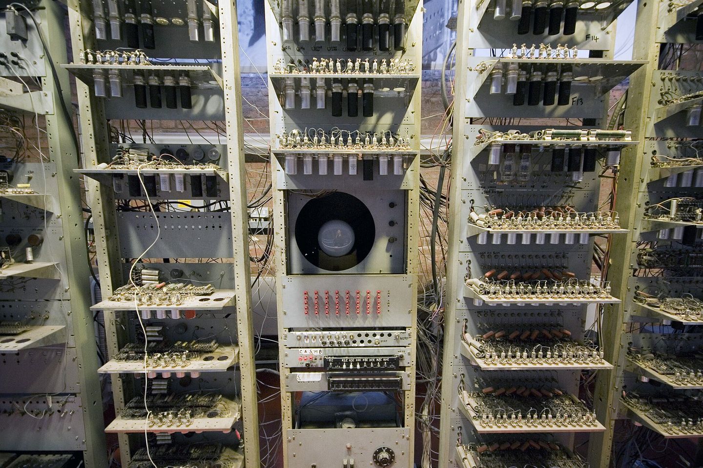 Close-up view of the Manchester Baby (SSEM) computer, the world's first stored-program computer, at the Manchester Museum of Science and Industry