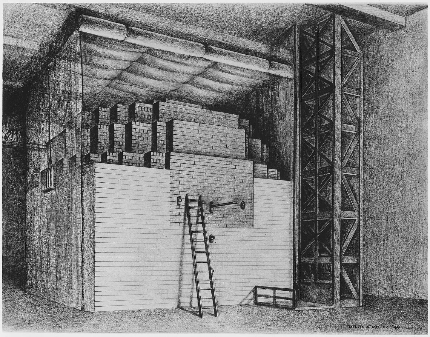 painting depicting chicago pile-1, the world's first nuclear reactor, at stagg field in 1942