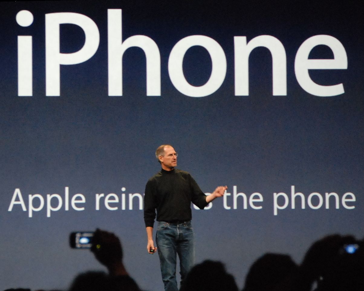 steve jobs presenting the original iphone at the macworld conference on january 9, 2007