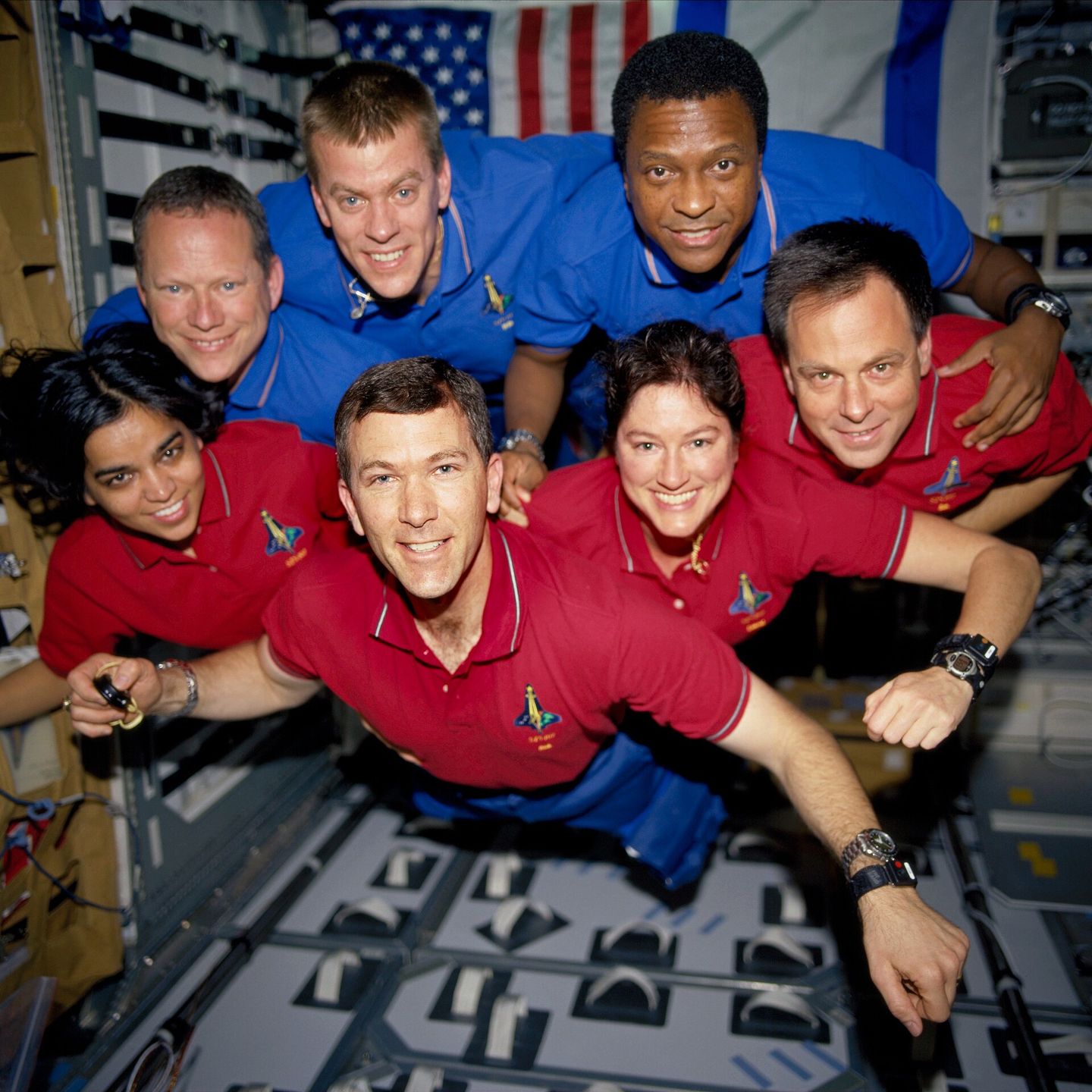 STS-107 crew members photographed together aboard Columbia while in orbit
