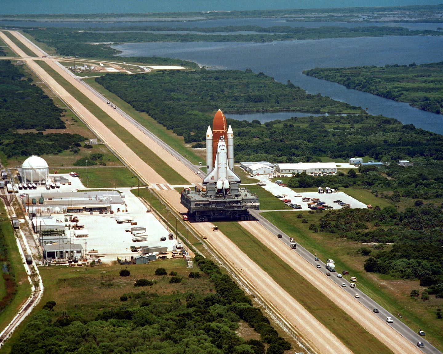 space shuttle challenger being transported to the launch pad on the crawler-transporter before the sts-51-l mission