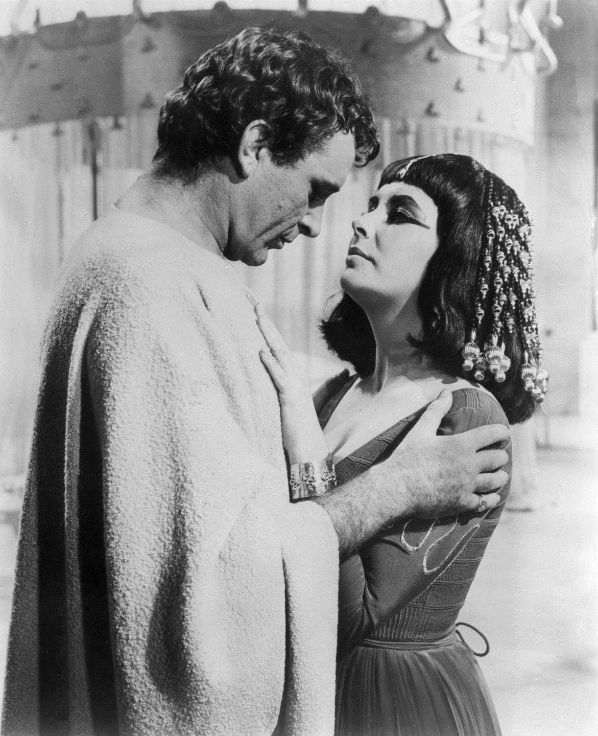 Elizabeth Taylor and Richard Burton in costume on the set of the 1963 film Cleopatra