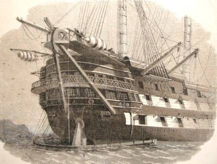 The stern of HMS Agamemnon paying out the Atlantic telegraph cable in 1858, illustrated in the Illustrated London News