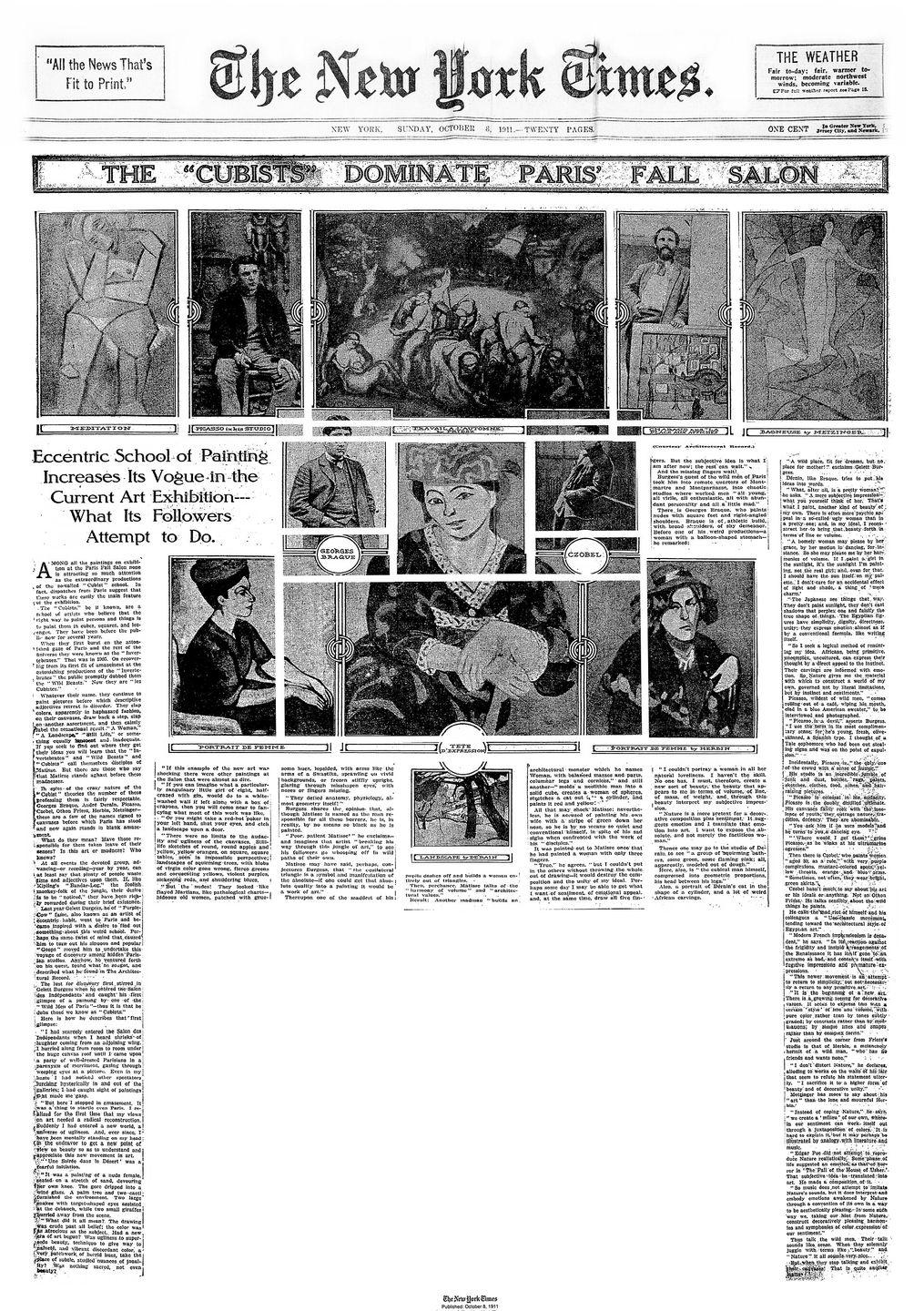 A 1911 New York Times page reporting that cubist painters dominated the Paris fall salon
