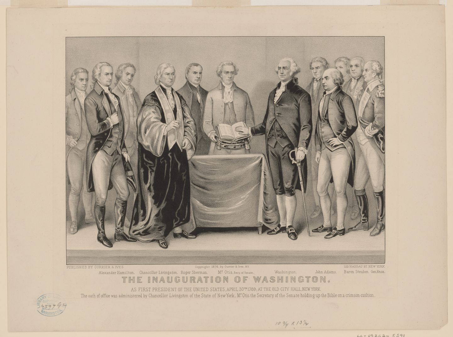 nineteenth-century print of washington taking the oath of office at federal hall in new york, april 30, 1789