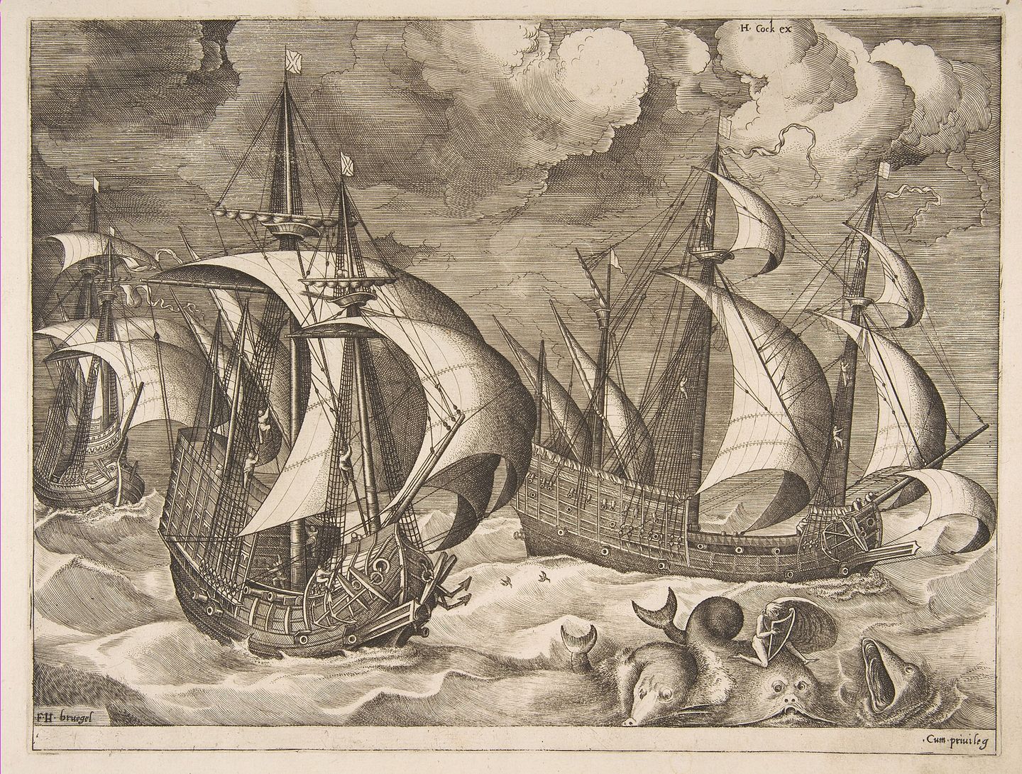 Three caravels in a storm at sea, sixteenth-century engraving