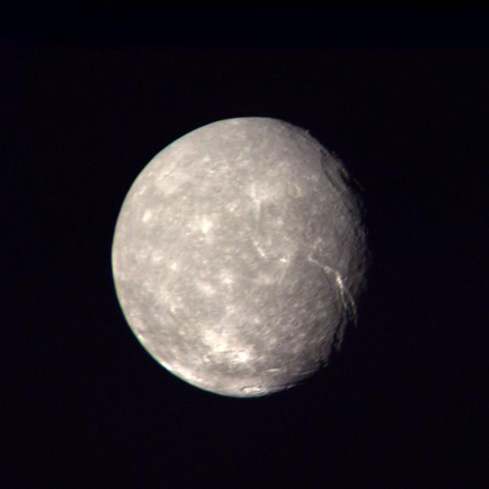 titania, the largest moon of uranus, photographed by voyager 2 in 1986, showing its cratered icy surface