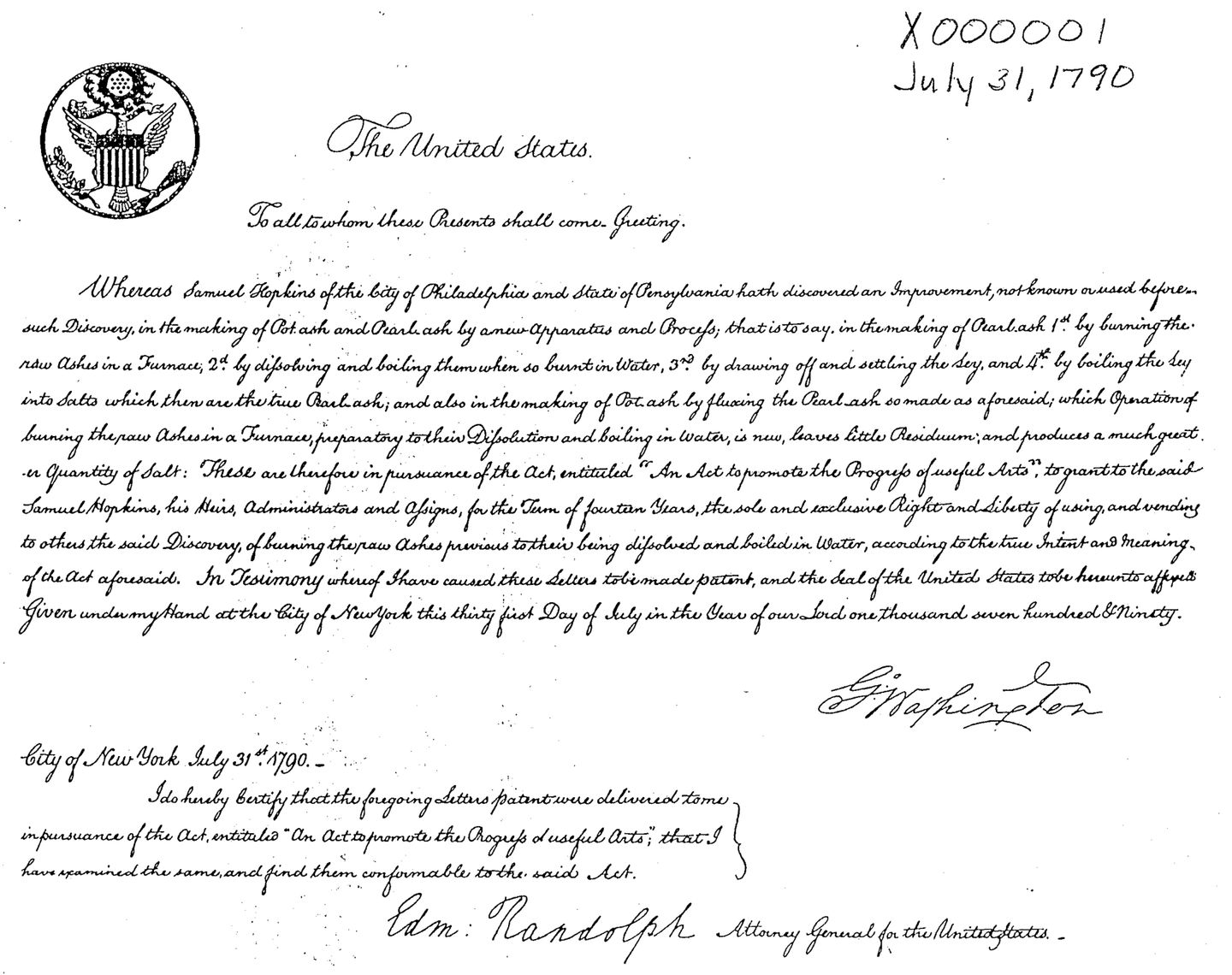 united states patent x1, the first patent issued under the u.s. patent system in 1790 to samuel hopkins for potash production