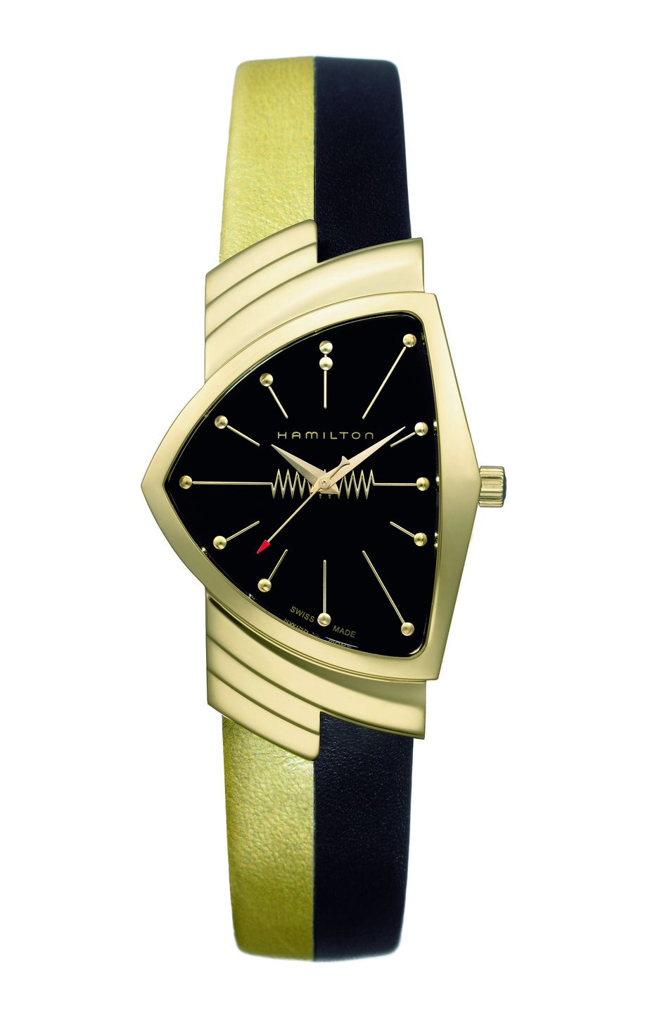 a 1957 hamilton ventura wristwatch with its asymmetrical shield-shaped case designed by richard arbib