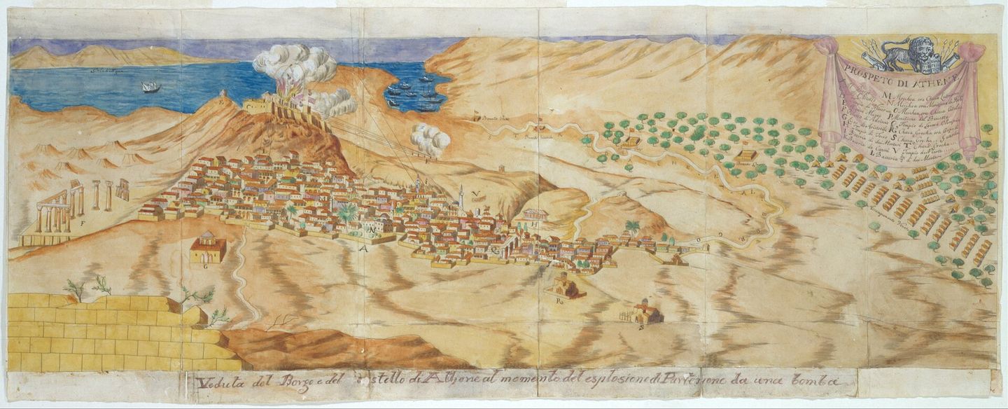 Contemporary engraving showing the Venetian bombardment of the Parthenon on the Acropolis in 1687