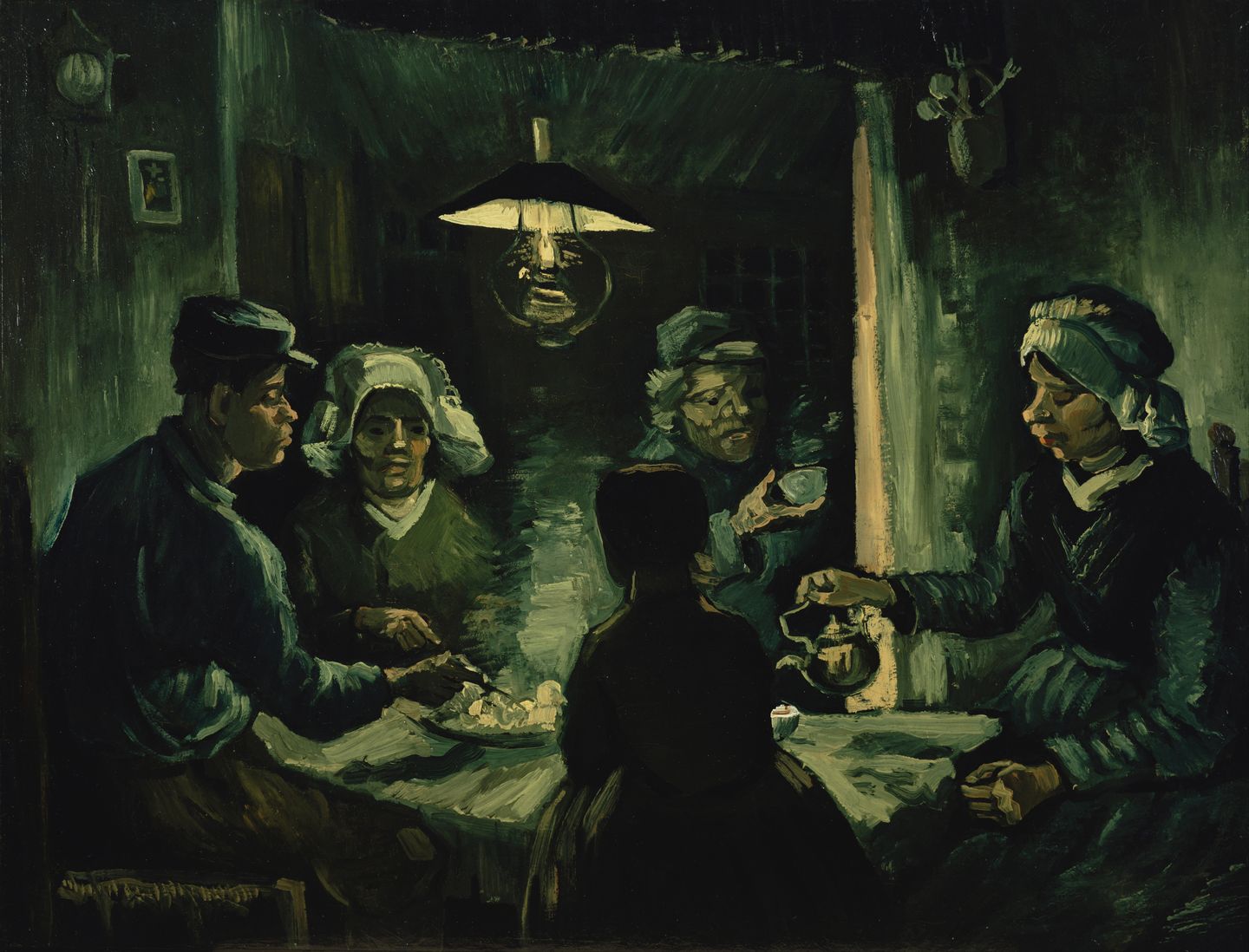 the potato eaters by vincent van gogh, painted in 1885, showing a peasant family eating by lamplight